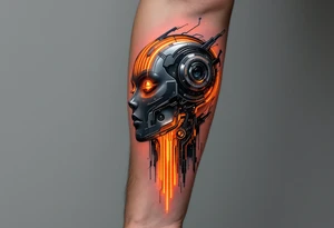 A half-android full arm design in glossy gunmetal, lit from within by soft amber light trails tattoo idea