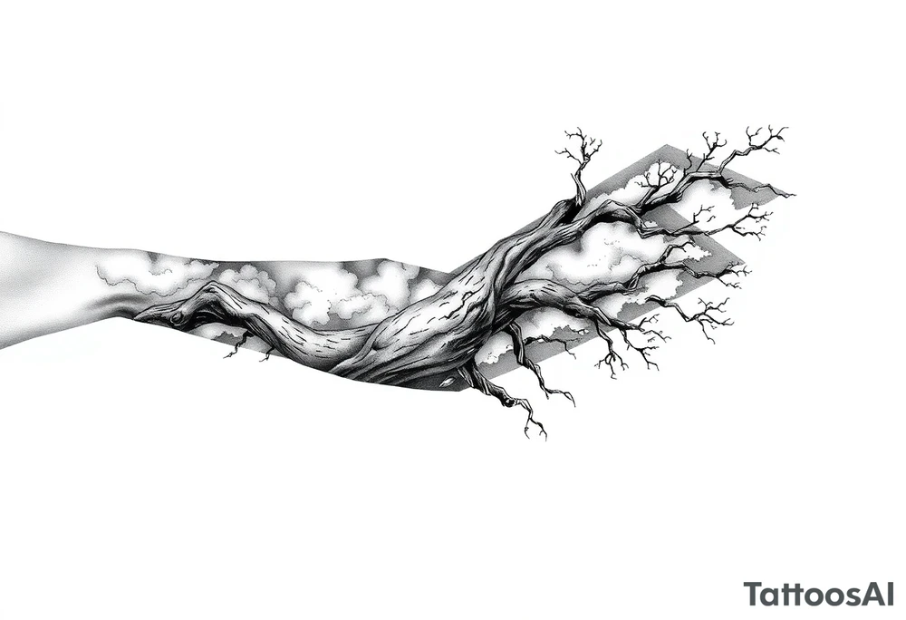 right arm sleeve, giant tree branch made of stone, clouds and lightning mixed throughout, tattoo idea