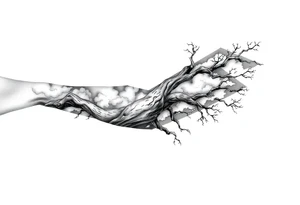 right arm sleeve, giant tree branch made of stone, clouds and lightning mixed throughout, tattoo idea