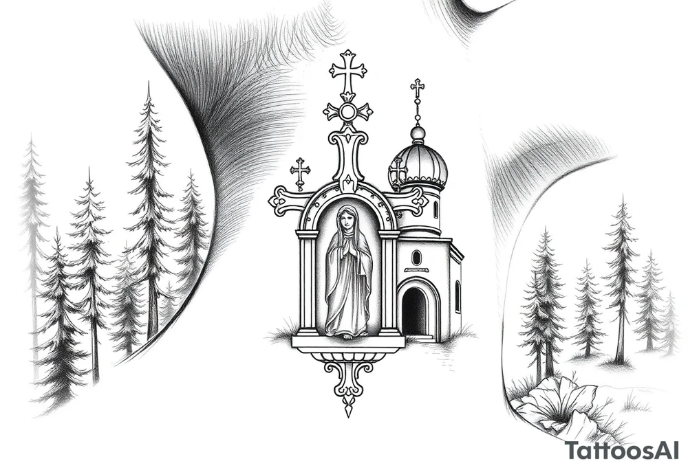 russian coat arms traditional christian orthodox cross with a virgin mary stood in the entrance of a russian orthodox dome church on the side of the neck in a wilderness setting tattoo idea