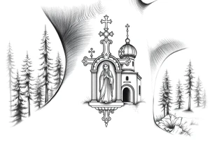 russian coat arms traditional christian orthodox cross with a virgin mary stood in the entrance of a russian orthodox dome church on the side of the neck in a wilderness setting tattoo idea