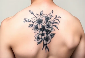 small bit of color, bouquet of daffodils, daisies, lily of the valley on upper arm tattoo idea