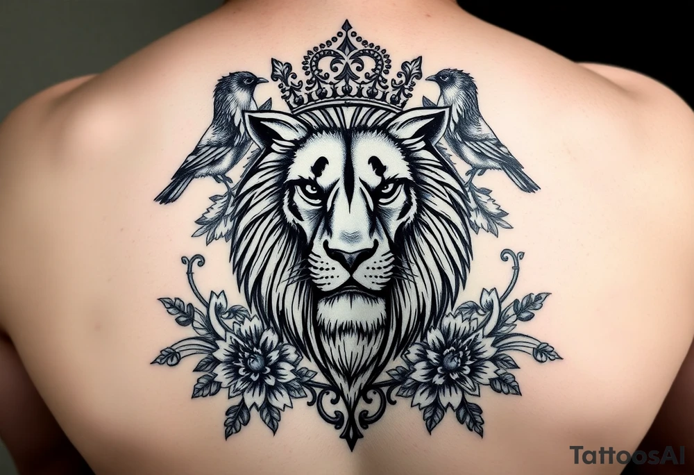 powerful majestic lion with a crown, surrounded by floral ornaments and birds tattoo idea
