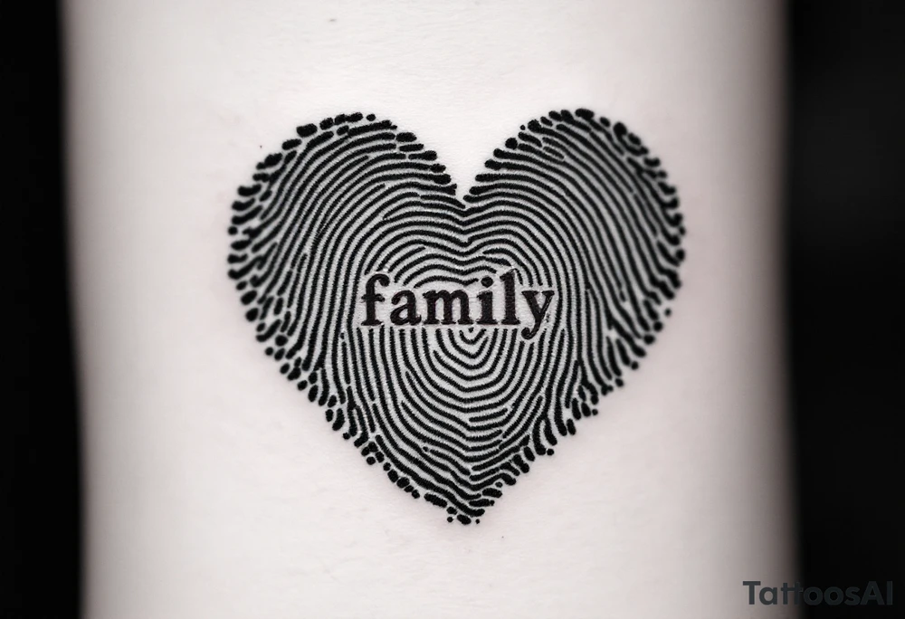 A fingerprint heart in grayscale forming the word family in the center in deep burgundy. tattoo idea