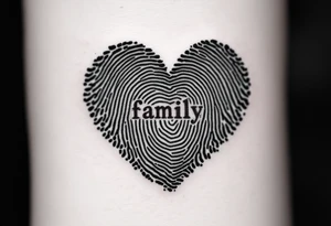 A fingerprint heart in grayscale forming the word family in the center in deep burgundy. tattoo idea