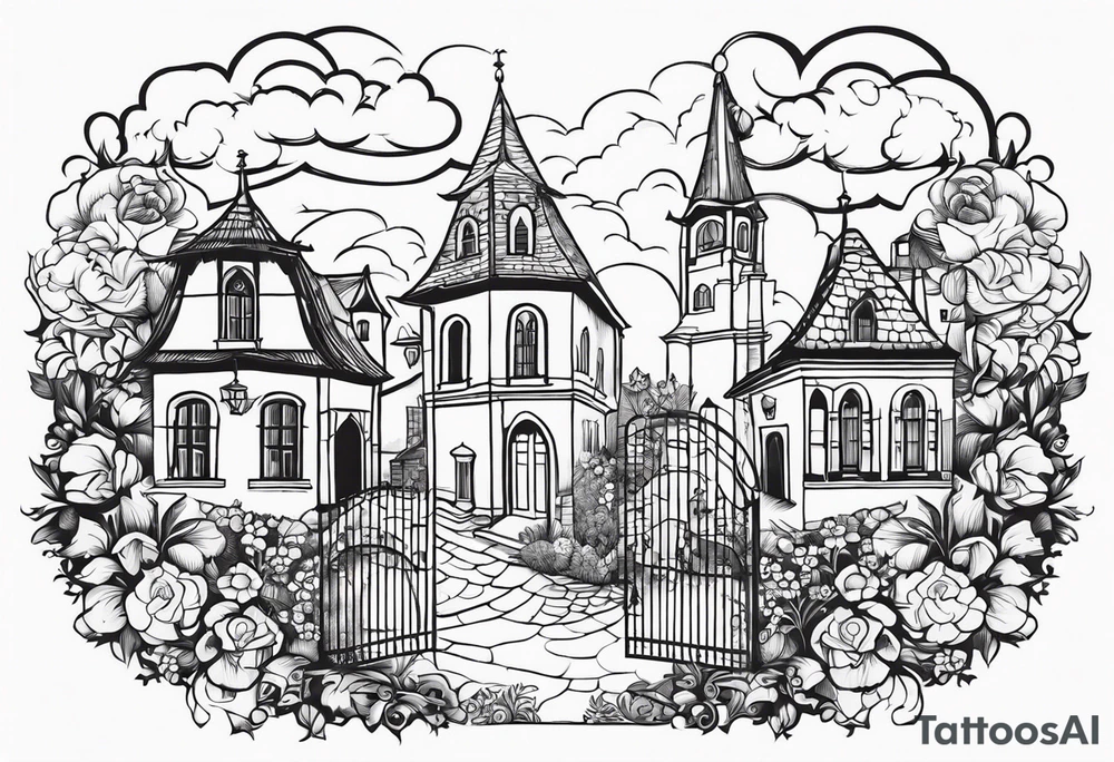 sacred medieval town houses open gate towers garden circle vignette surrounded by clouds floral tattoo idea