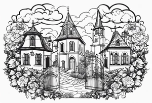 sacred medieval town houses open gate towers garden circle vignette surrounded by clouds floral tattoo idea