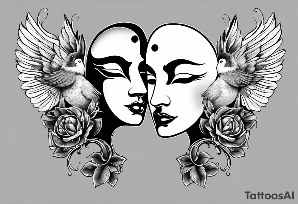 Semicolon with two birds and theatre masks tattoo idea