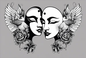 Semicolon with two birds and theatre masks tattoo idea