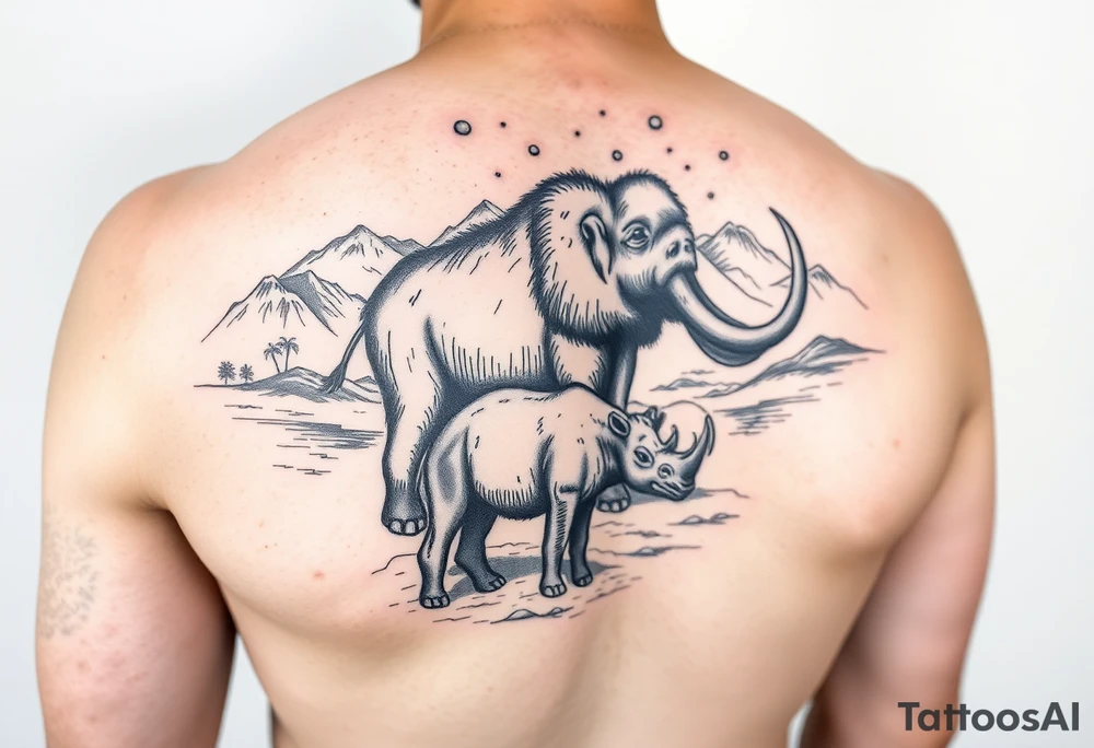 Arm sleeve with mountains, a river Valley woolly mammoth, woolly rhinoceros And Neolithic hunters tattoo idea