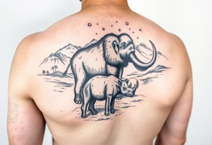 Arm sleeve with mountains, a river Valley woolly mammoth, woolly rhinoceros And Neolithic hunters tattoo idea