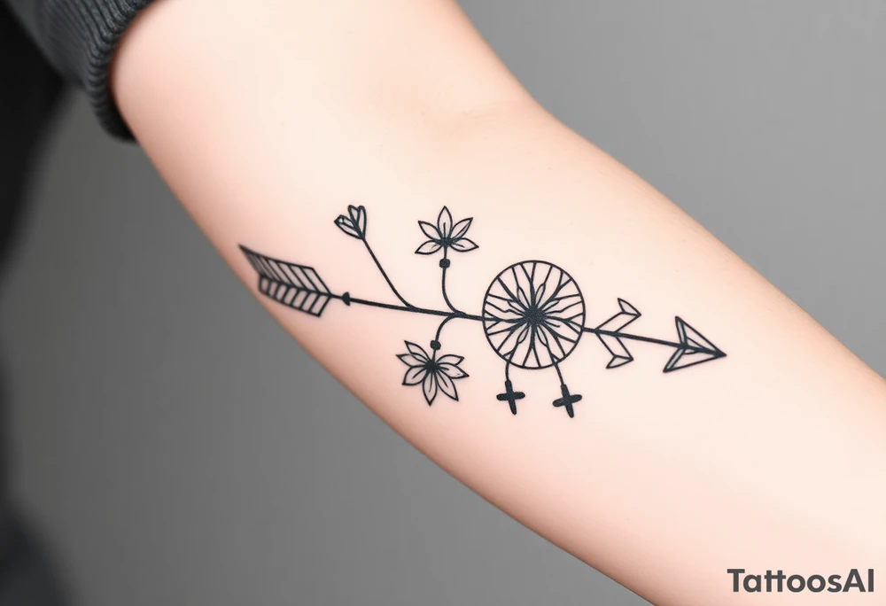 Geometric arrow with 5 Symbolic elements for each family member. Two base elements for my husband and I, intertwined floral patterns like mirrored vines or spiral paisleys representing our identical twins, and a Gemini zodiac sign for my son. Use feminine-yet-bold linework and Interconnected elements to reflect family unity tattoo idea