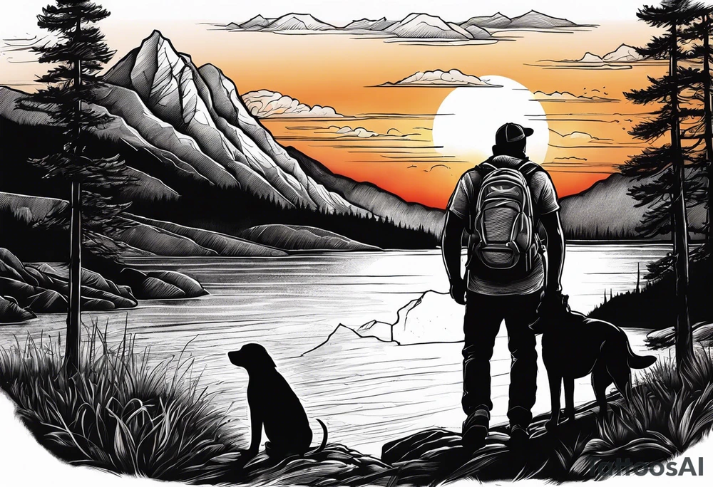 nature, sunset, mountains, a father and son hiking with their dog and cat by the water tattoo idea