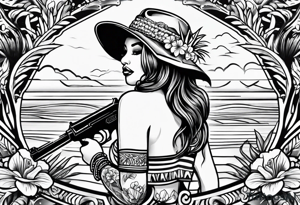 old school tattoo of hula girl in hawaii who play with gun tattoo idea
