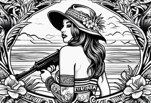 old school tattoo of hula girl in hawaii who play with gun tattoo idea
