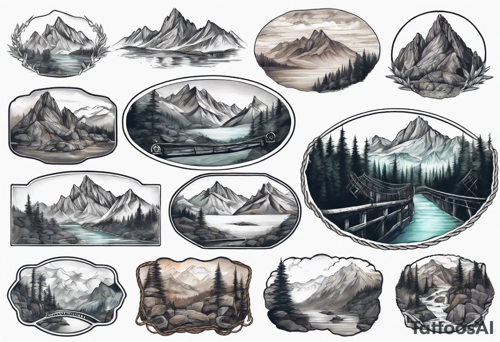 mountain landscape with a rope bridge connecting mountains tattoo idea