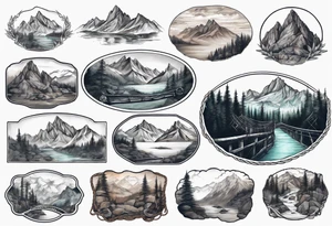 mountain landscape with a rope bridge connecting mountains tattoo idea