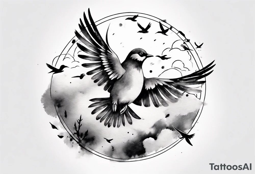 shoulder tattoo with light rays with birds flying free among the clouds, round shape, 3d effect tattoo idea