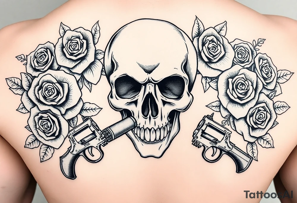 A skull with a cigar, surrounded by thorny roses and crossed pistols. tattoo idea