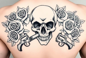 A skull with a cigar, surrounded by thorny roses and crossed pistols. tattoo idea