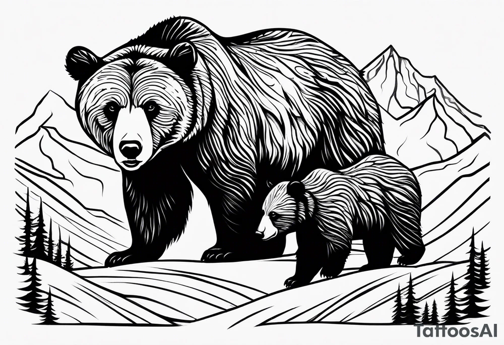 mamma bear and cub with mountains tattoo idea