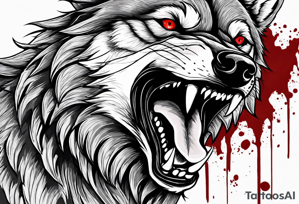 Create aggressive WOLF, with some blood coming out of his mouth and saliva. BLOOD IN THE BACKGROUND. Make it a drawing and use the image of reference. I am going to add. I want HIM TO BE ANGRY WITH RED EYES use VICIOUS WOLF THATS ANGRY tattoo idea
