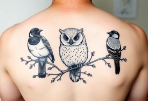 A barn owl and 2 magpies, entwined by rowan tree branches. In fineline and dotwork tattoo idea