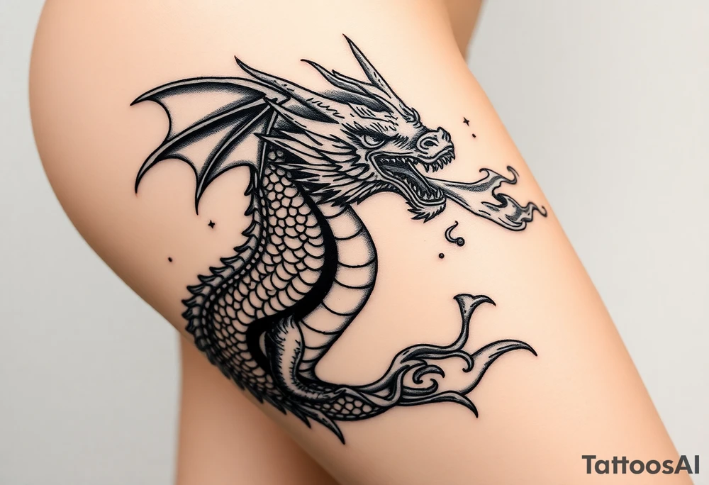 fierce dragon breathing iridescent fire against stormy skies tattoo idea