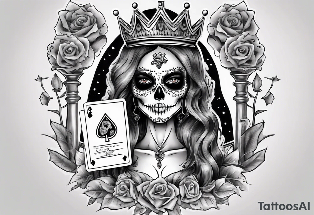 santa la muerta with money and crown
on the card tattoo idea