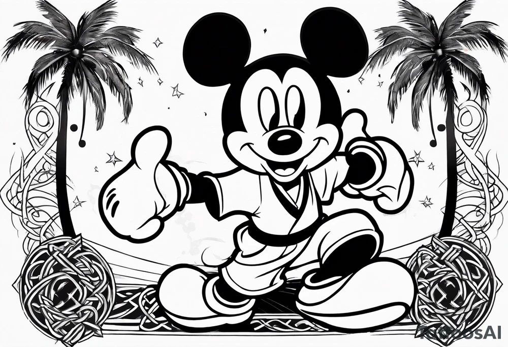mickey mouse doing martial arts with palm trees, lightning storm and the celtic symbol for family tattoo idea