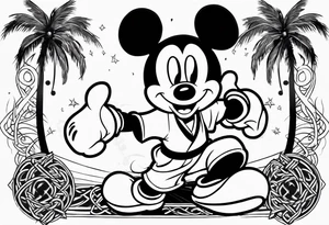 mickey mouse doing martial arts with palm trees, lightning storm and the celtic symbol for family tattoo idea