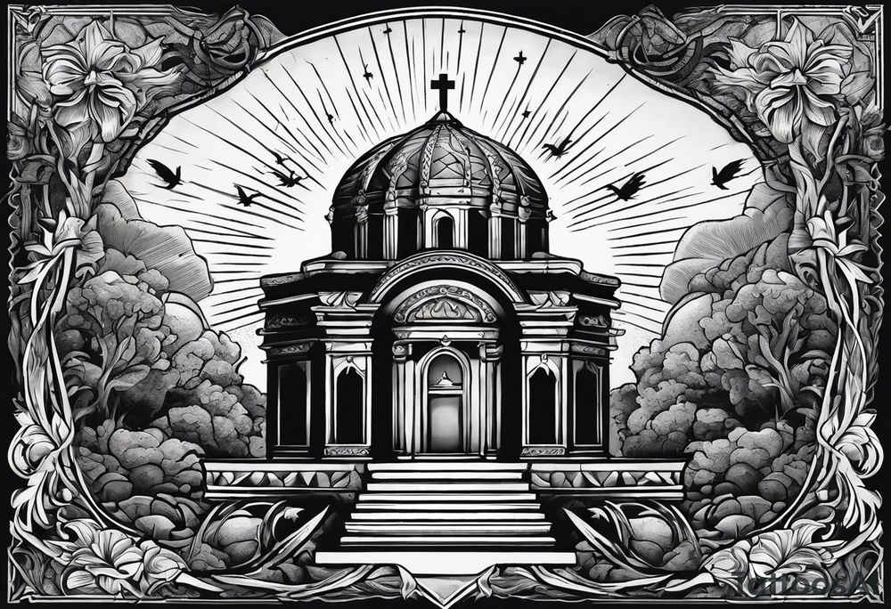 Tomb with cross and sun in the background tattoo idea