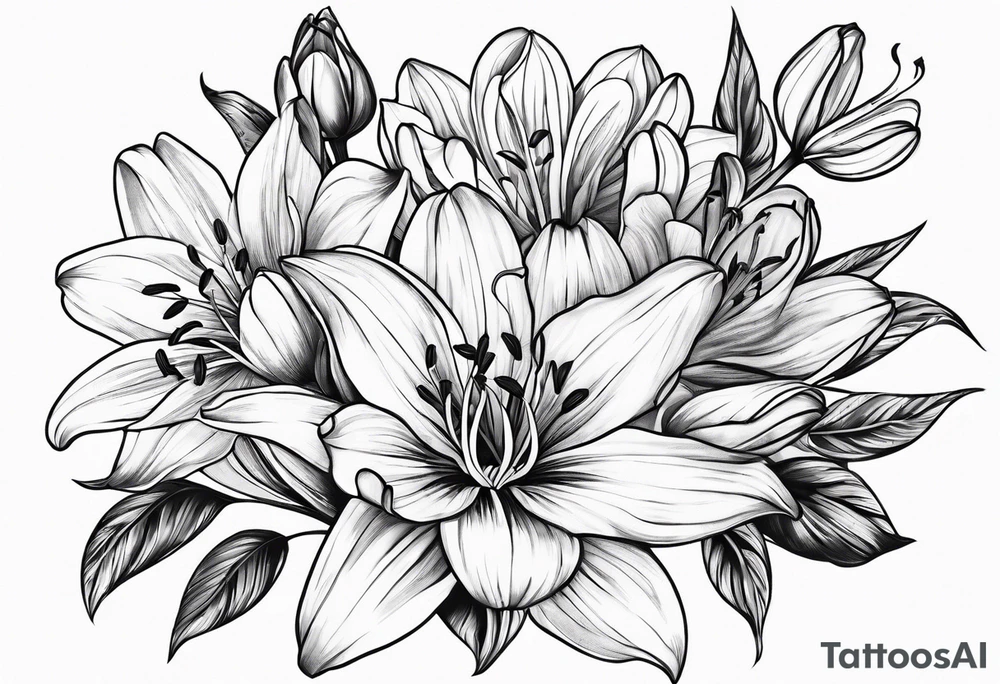 lily, marigold, tulip, cosmo, and aster tattoo idea