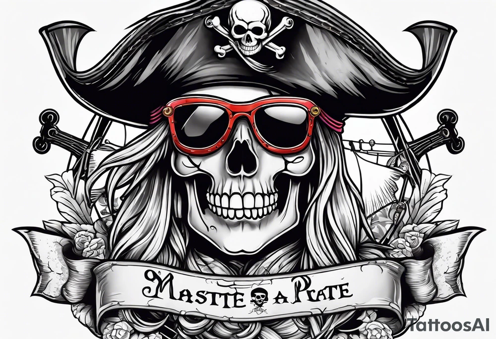 create a pirate flag with a feminine skull with two blonde pigtails and crossbones  wearing glasses tattoo idea