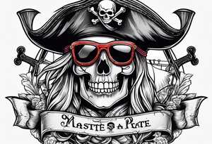 create a pirate flag with a feminine skull with two blonde pigtails and crossbones  wearing glasses tattoo idea