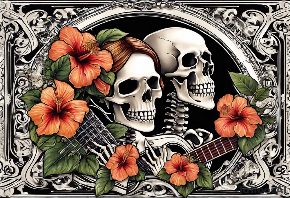 Generate a tattoo design featuring two skeletons: a female skeleton holding a hibiscus flower and a male skeleton playing a guitar. The scene should capture a moment of connection between the two, with the female skeleton attentively listening to the music played by the male skeleton. Emphasize the details of the hibiscus flower, the expressions on the skeletons' faces, and the fluidity of the music being played on the guitar. tattoo idea