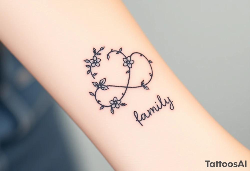An infinity symbol made of intertwined vines, with delicate flowers blooming along its curves, and family sign tattoo idea
