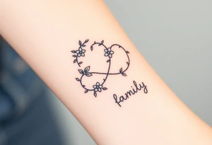 An infinity symbol made of intertwined vines, with delicate flowers blooming along its curves, and family sign tattoo idea