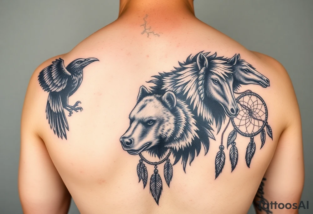 Native American 3/4 sleeve with black and grey realism featuring a raven, wild horses, a grizzly with scars over his eyes, and a dream catcher tattoo idea