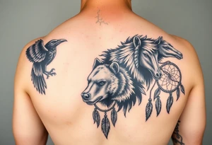 Native American 3/4 sleeve with black and grey realism featuring a raven, wild horses, a grizzly with scars over his eyes, and a dream catcher tattoo idea