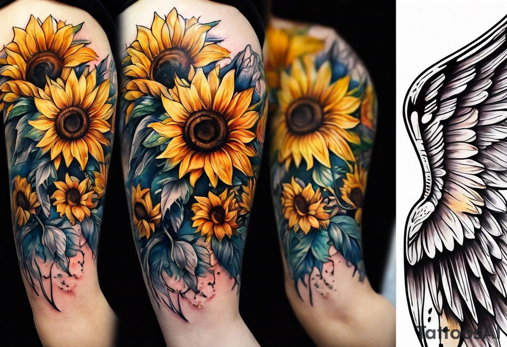 Sunflower and angel wings sleeve tattoo idea