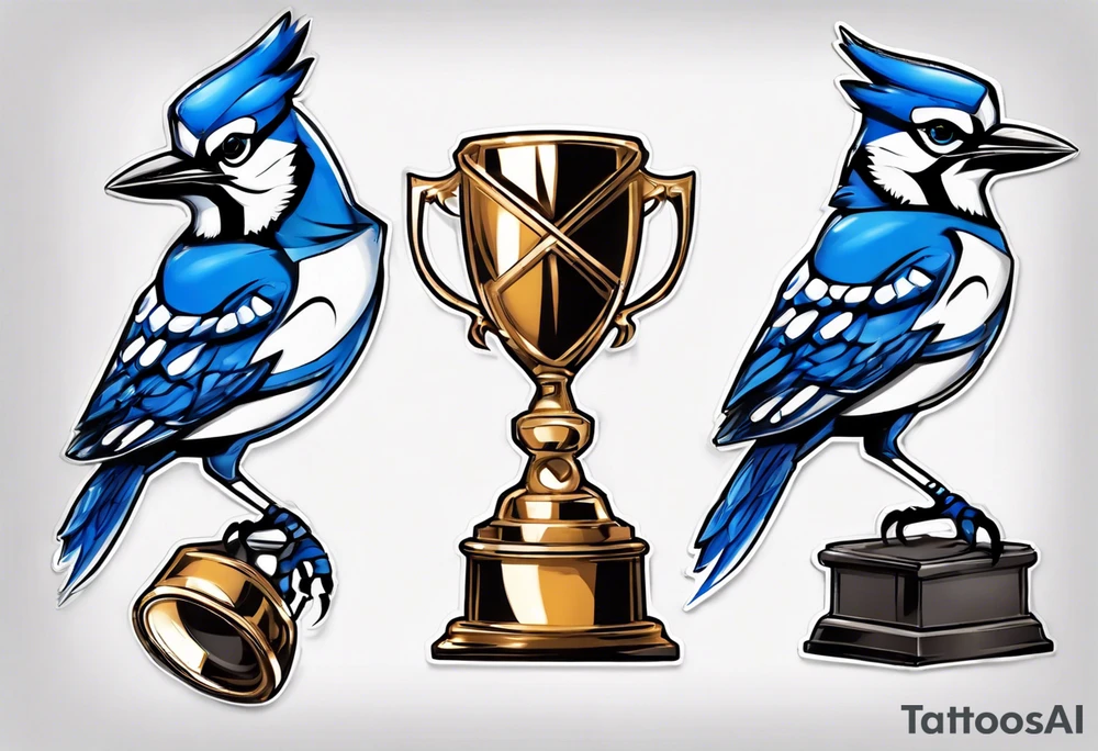 bluejay in a suit holding a trophy tattoo idea