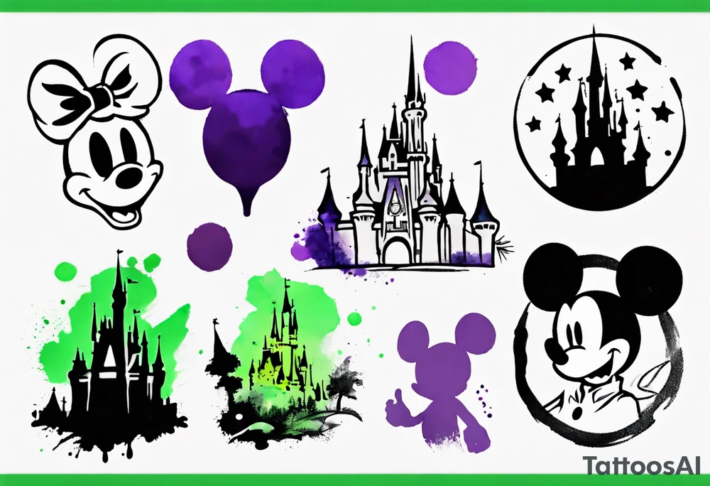 Disney park icon in black and white with watercolor splotches behind. Watercolor should be green, yellow, and purple. tattoo idea