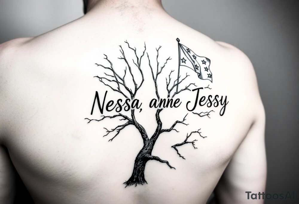 the name Nessa, Anne, Jessy in flags on a live tree tattoo idea