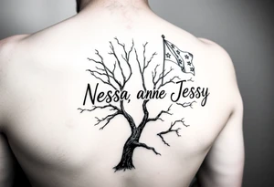 the name Nessa, Anne, Jessy in flags on a live tree tattoo idea
