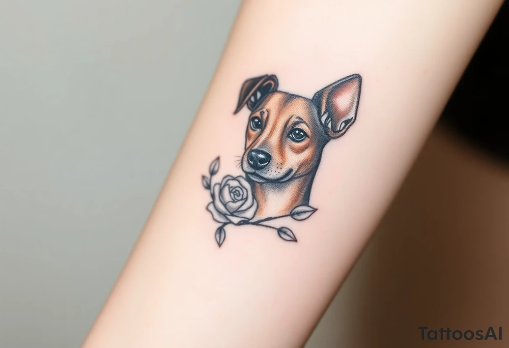 Cute female  hound dog mix Brindle dog with the name kiwi . And a tiny rose around her . With her ears pointy a little big tattoo idea