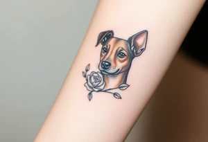 Cute female  hound dog mix Brindle dog with the name kiwi . And a tiny rose around her . With her ears pointy a little big tattoo idea