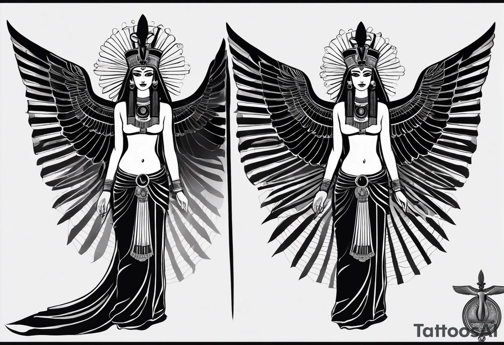 black and white Egyptian goddess Isis, who is often depicted as a woman with outstretched wings, holding an ankh (a symbol of life) in one hand and a lotus flower in the other. Her headdress often includes a throne or a solar disk. The tattoo design can vary in style and size, but it typically aims to capture the essence of this revered Egyptian deity, emphasizing her beauty, power, and maternal qualities. The choice of colors and additional elements can also be customized to create a unique and visually striking representation of the goddess Isis tattoo idea