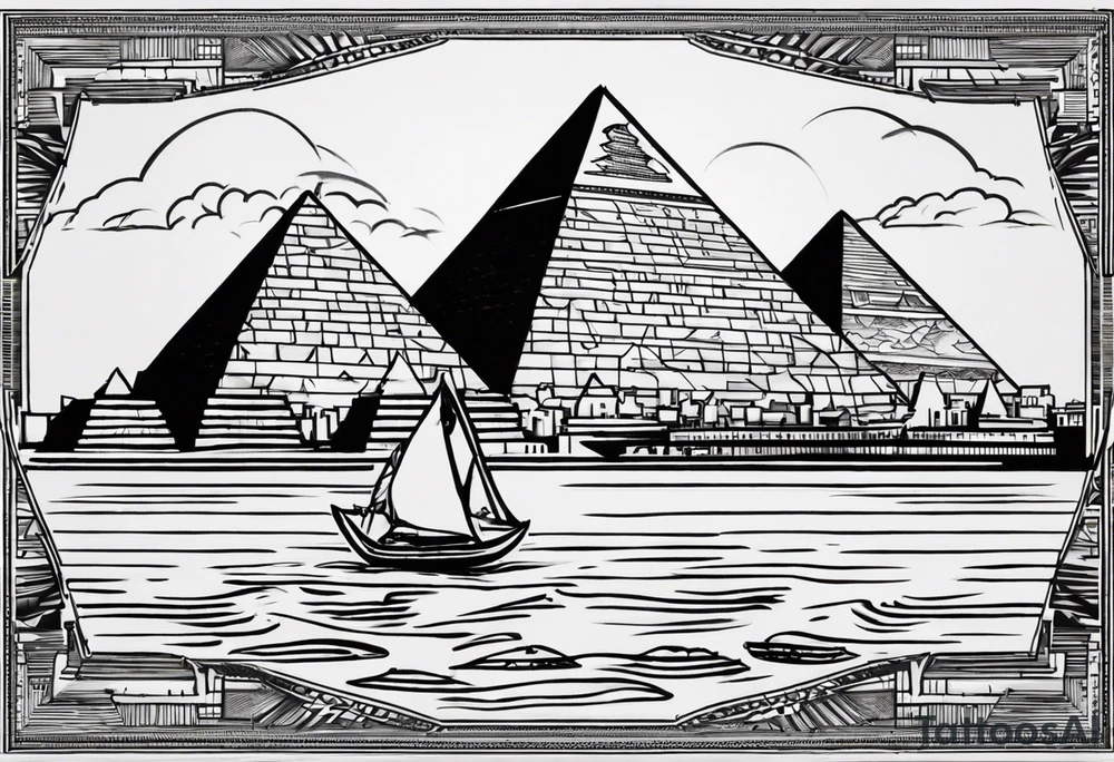 design featuring the Pyramids of Giza gracefully merging with the Manhattan skyline. Integrate the Nile River flowing into the Hudson River to symbolize your cultural journey. Keep the design clean and impactful, focusing on key elements to maintain a timeless and meaningful representation of your identity and experiences. tattoo idea