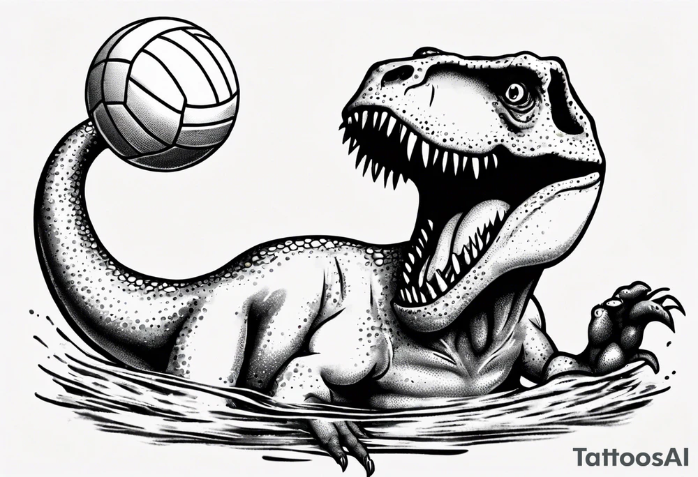 silly happy t rex in a pool wearing water polo cap tattoo idea
